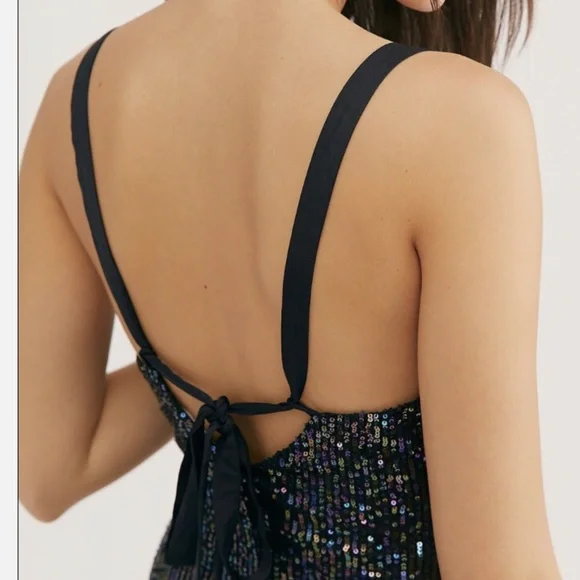 FREE PEOPLE Gold Rush Mini DRESS Size Small Black Sequin Strappy - Picture 3 of 9